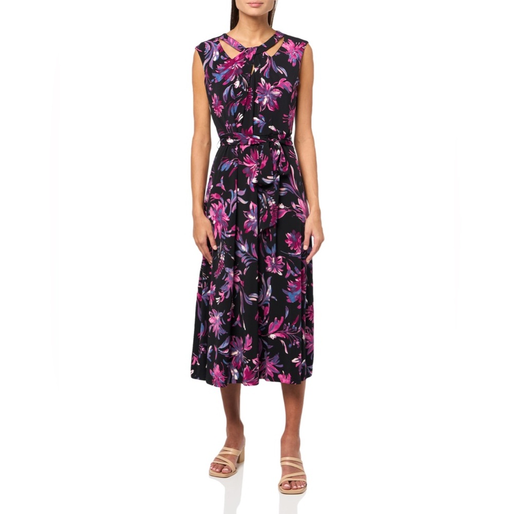 Kasper Women's Cap Sleeve Twist Midi Dress, Black/Cerise